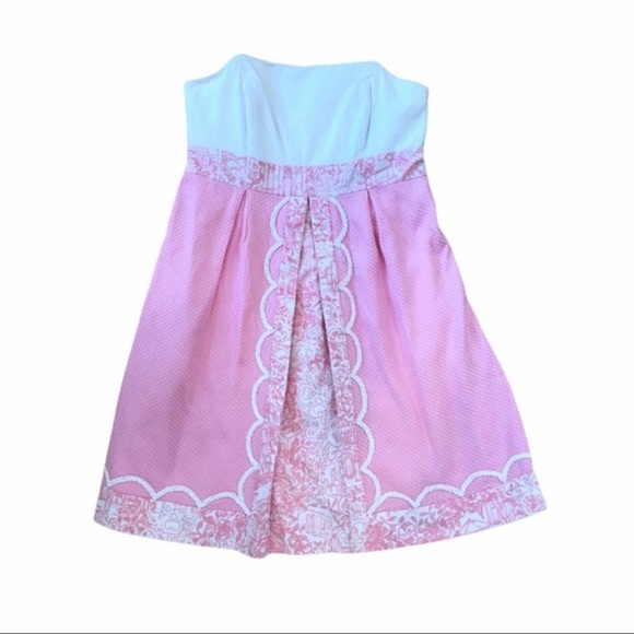 Lilly Pulitzer Pink Toile Jubilee Strapless Dress Size 0 - Picture 1 of 9